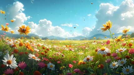 Fototapeta premium Sunny cartoon meadow with buzzing bees. AI generated