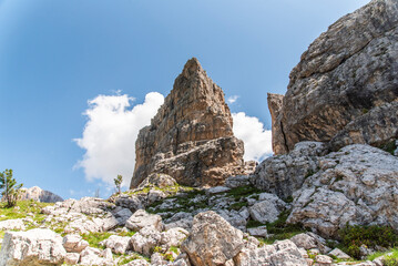 Beautiful rocky Cinque Torri in the Dolomites in Italy.