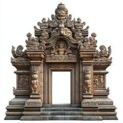Fototapeta premium An intricately carved stone temple entrance featuring ornate sculptures and detailed reliefs, showcasing traditional architectural design.