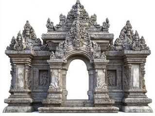 A beautifully intricate stone temple structure featuring ornate carvings and a prominent archway, showcasing traditional architectural design.