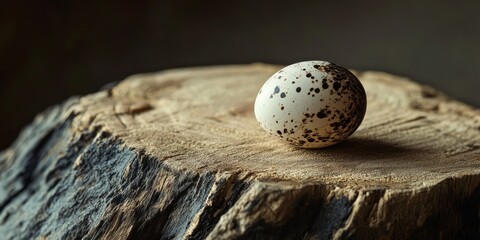 Obraz premium A solitary quail egg rests on a textured wooden board, showcasing the unique characteristics of the quail egg against the natural backdrop of the wood surface.