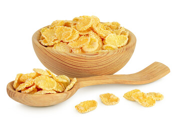 Cornflakes in wooden bowl and spoon isolated on white background.