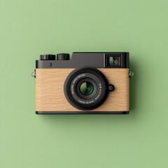 Fototapeta premium Digital camera with wooden accents around the grip, showcased on a soft green background capturing a diagonal view, Photorealistic