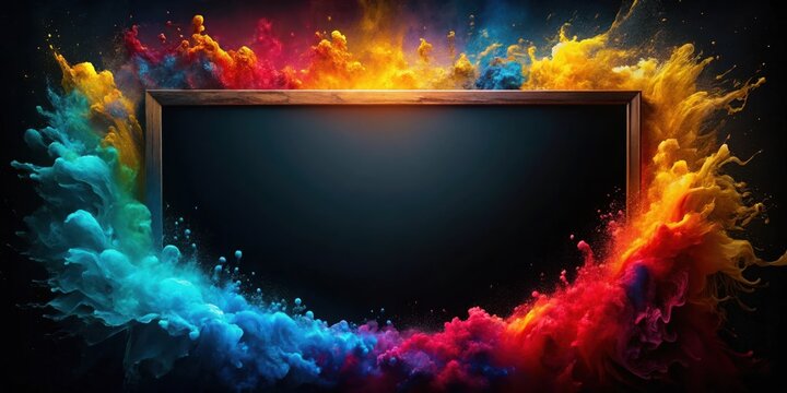 A wooden frame surrounds a black background with a vibrant explosion of colored powder creating a visually stunning backdrop