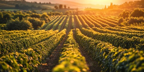 Vibrant landscape showcasing agriculture with fruit trees growing in late autumn, creating picturesque rows illuminated by backlight, highlighting the beauty of fruit growing in nature.