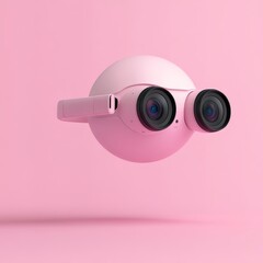 360-degree digital camera with dual lenses on a solid pink background capturing its spherical design and buttons, Photorealistic