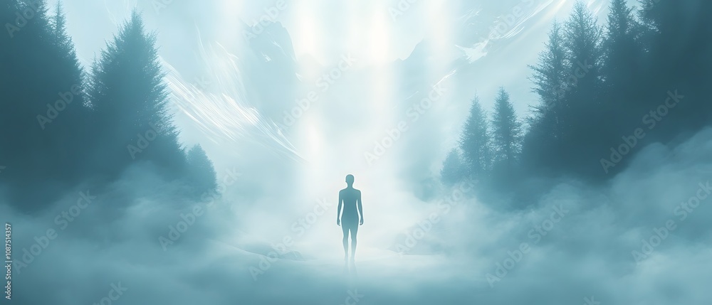 Poster Ethereal Figure in Misty Forest with Soft Light Beams Illuminating a Serene Landscape Creating a Mystical and Tranquil Atmosphere for Dreamlike Imagery