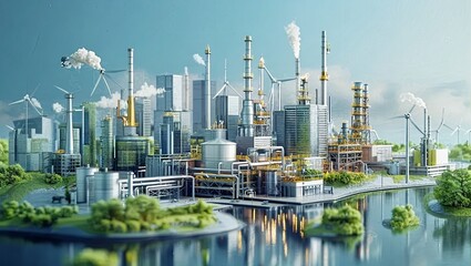 Fototapeta premium A modern industrial complex with wind turbines reflects on water, symbolizing a balance of technology and nature.