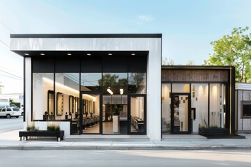 Modern hair salon exterior design with open seating area