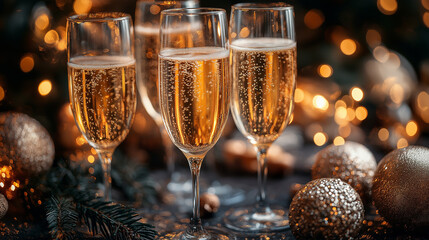 Glasses of champagne and Christmas decor on table against blurred lights