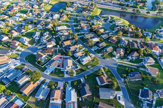 Aerial view photo of new neighborhood real estate buildings in Buenaventura Lakes, Orlando, Florida, United States