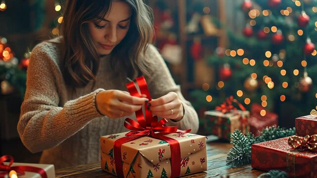 Woman wrapping Christmas gifts at a wooden table, with colorful paper, ribbons, and holiday decorations scattered around. 4K Video