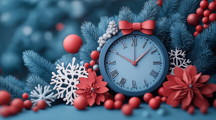 New Year clock with Christmas balls and fir branches