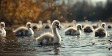 Cygnet exploring its surroundings, straying from the group, showcasing the curious nature of the cygnet as it ventures off on its own. This moment highlights the cygnet s individuality.