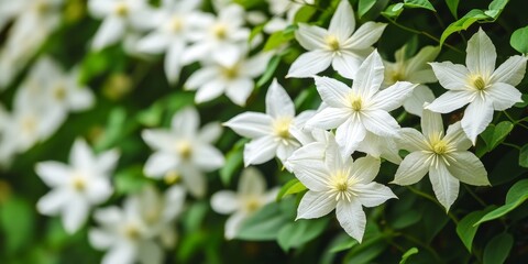 Delicate white inflorescence of the Clematis armandii climbing plant showcases its beauty through lush blooms, enhancing gardens with the enchanting appearance of Clematis armandii flowers.