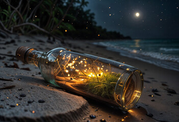 a transparent glass bottle tilted near a stranded wood with fireflies glowing inside the bottle on a dark, silent beach at night - generated by ai