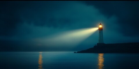 Nighttime photograph of a lighthouse emitting light, showcasing the vibrant glow of the lighthouse as it beams light across the dark waters, highlighting the lighthouse s significance.