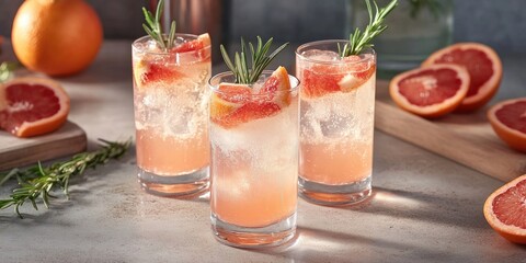 Hard seltzer served with refreshing grapefruit soda and garnished with rosemary in glasses, beautifully displayed on a tabletop for an appealing web banner showcasing hard seltzer.