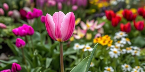 A vibrant pink tulip showcases its beauty in the garden, standing out amongst other blooms. This stunning pink tulip adds a charming touch to the garden s floral display.