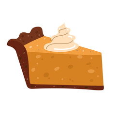 Piece of pumpkin pie with cream on top. Autumn dessert, Thanksgiving meal, delicious seasonal snack. Vector isolated on white background