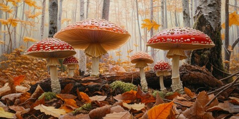 Delicate thin legged mushrooms emerge in an autumn forest, showcasing vibrant toadstools among the fallen leaves, creating a serene scene of nature s beauty with thin legged mushrooms and toadstools.