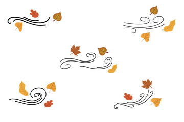 Whirls of wind with colorful autumn leaves. Collection isolated on white background.