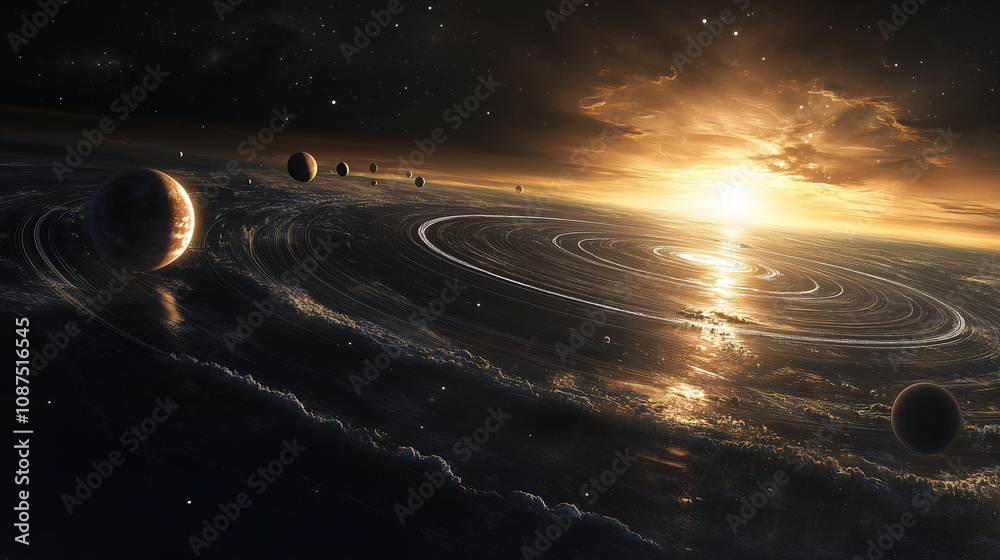 Poster a stunning cosmic view of planets orbiting around a glowing sun set against a beautiful celestial la