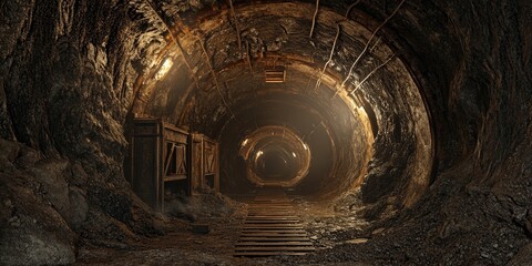 Naklejka premium Abandoned underground mine shaft featuring a tunnel gallery with two distinct passageways, showcasing the intriguing aspects of gold and iron ore mining in an eerie and captivating setting.