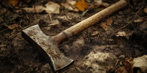 Aged pickaxe resting on the ground, captured in closeup photo with sepia color grading, highlighting the details and rustic charm of this vintage aged pickaxe.