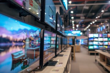 Fototapeta premium Modern flatscreen TVs for sale in electronic store