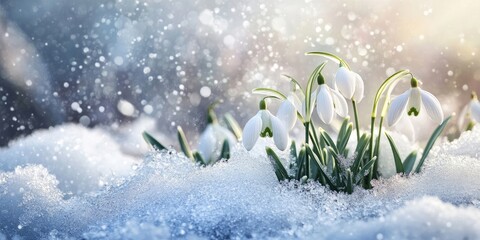 Snowdrops bloom through the snow and ice, heralding the arrival of spring as vibrant signs of the changing season with delicate petals emerging from the winter landscape.