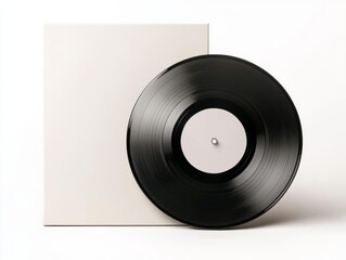 Obraz premium Vinyl record with no labels standing upright against a blank white album cover, minimalistic and ready for branding
