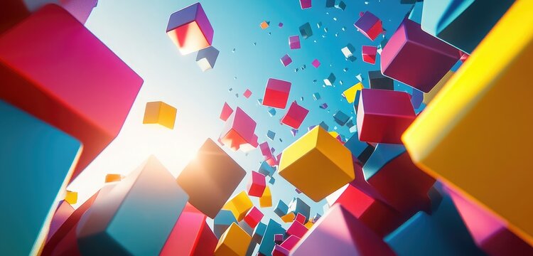 A dynamic 3D scene of colorful geometric shapes moving towards the viewer, representing the growth of ideas.