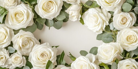 Obraz premium Decorative frame featuring a beautiful wreath of white roses, this floral arrangement showcases elegance and charm, making it a stunning decorative frame for any setting.