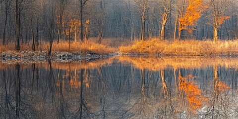 Fall reflection of mostly leafless trees showcases the beauty of winter. This serene fall reflection highlights the stillness and elegance of nature during the winter season.