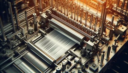 Automatic plastic bag making machine. Close up of plastic bag making machine roller. Packaging production concept