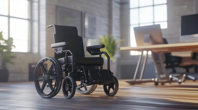 A black wheelchair in a modern office setting with a desk and computer in the background.