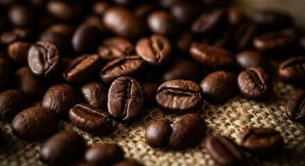 Naklejka premium Close-up view of aromatic roasted coffee beans on burlap