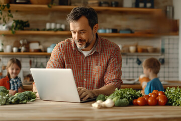 Fototapeta premium a dad working in his kitchen while cooking a meal, his children playing in the background.