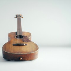 Fototapeta premium A close-up of a vintage acoustic guitar on a minimalist background.