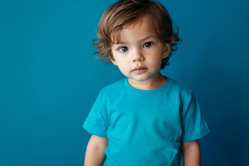 Naklejka premium Centered portrait view of a cute male child wearing blank white t shirt against blue background
