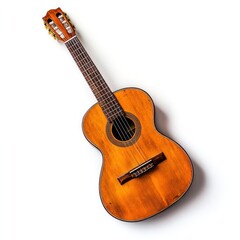 Obraz premium A wooden acoustic guitar displayed on a white background.