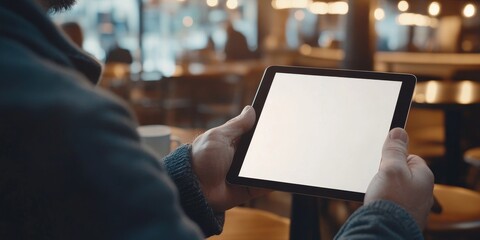 Close up of a man interacting with a digital tablet featuring a blank screen in a coffee shop setting, showcasing the versatility and functionality of using a digital tablet.
