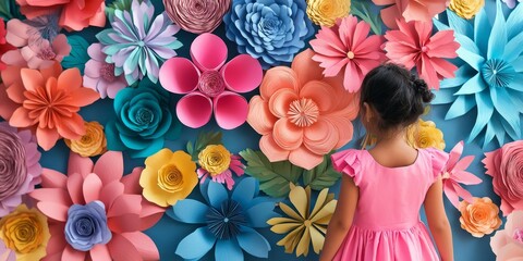 Vibrant paper flowers crafted by a young girl wearing a pink dress showcase her creativity and imagination, highlighting the charm of colorful paper flowers in a playful setting.