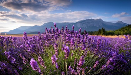 Fototapeta premium lavender flowers in a field with mountains at the background and sky; selective focus used