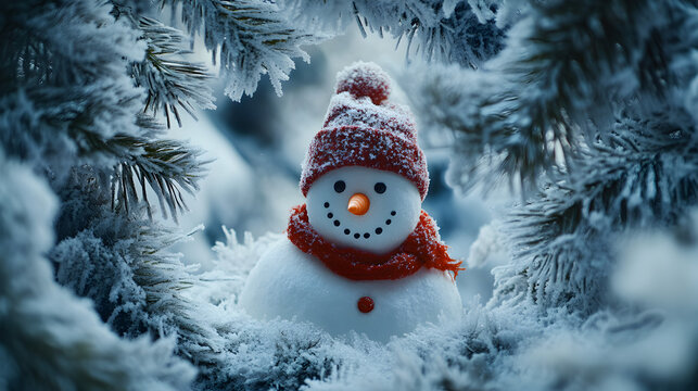 un muñeco de nieve dentro de un bosque nevado rodeado de ramas de pino para navidad