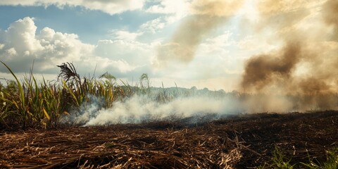 Thick smoke billows from an agricultural burn of sugar cane, a process that eliminates dried leaves known as trash. This sugar cane burning practice helps reduce production costs effectively.