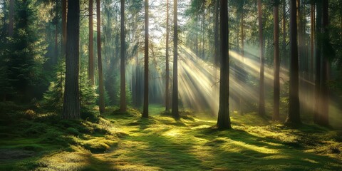 Fototapeta premium Clear morning in the woods featuring a beautiful spruce and pine tree forest. The spruce and pine trees create enchanting trunks and deep shadows illuminated by sun rays.