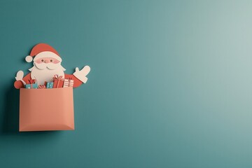 Ilustrações minimalistas de Papai Noel com presentes em fundo azul, estilo lúdico e contemporâneo, criado por IA generativa.