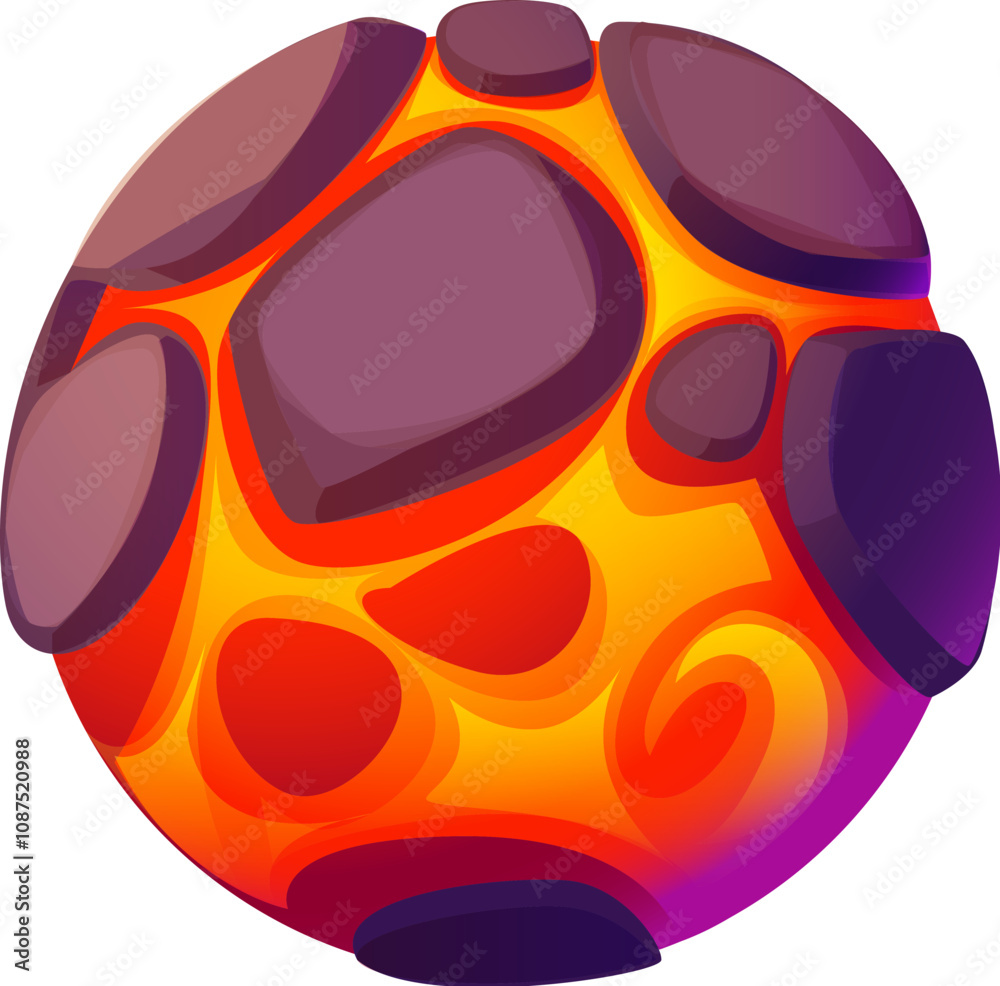 Poster cartoon galaxy fantasy alien red magma space planet. vector fiery orange sphere with rounded bumps f